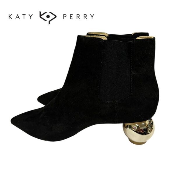 New Katy Perry The Hux Gold Globe Black Suede Ankle Boots Booties 7 - Picture 2 of 6